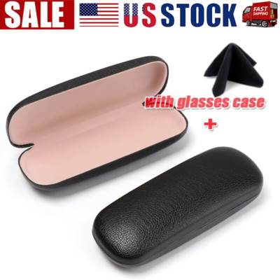 NEW Clam Shell Hard Eyeglasses PU Glasses Case Black w/Microfiber Cleaning Cloth