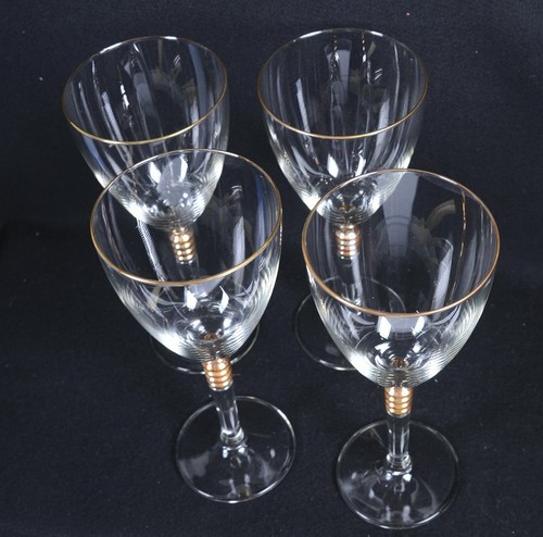 (4) Clear BLOWN GLASS 8oz WINE GLASSES w/ Gold Rim & Banded 1" Ring Stem 8"H - Picture 2 of 5