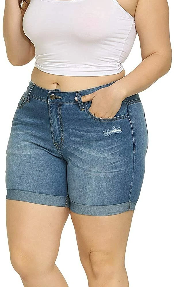 Allegrace Women s Plus Size Denim Shorts High Waist Folded Hem