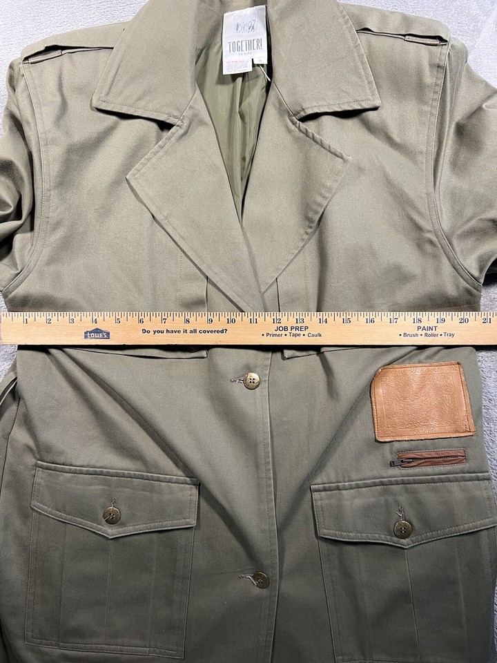 Together! Womens Size 8P Green Khaki Leather Trim 100 Cotton Duster