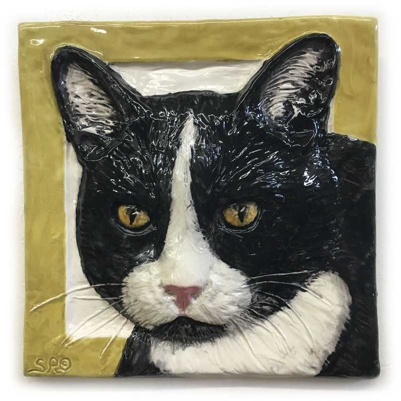 Shorthair Tuxedo Cat Ceramic Pet Portrait 3d tile Handmade Sondra Alexander Art