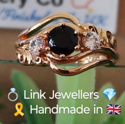 E1W: Woman Gold Silver Ring. Size N-O. Round Cut Black Obsidian Beryl Simulated