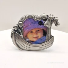 Vintage Fetco Noahs Ark Cast Metal Baby Picture Frame 3" X 3" Monkey & Giraffe