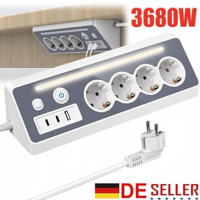 Eck Steckdosenleiste mit USB & 2 Type-C, 4Fach Desktop Mehrfachsteckdose mit LED
