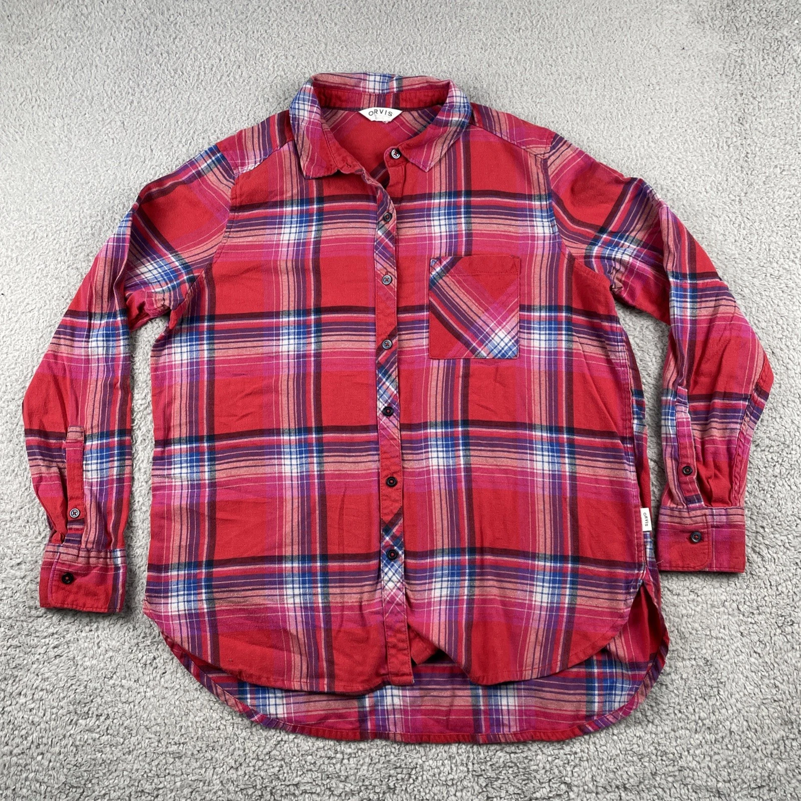 Orvis Outdoor Mens L Long Sleeve Button Up Flannel Shirt Red & Blue Plaid Soft