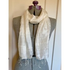 White Raw Silk Textured Twist Fringe Scarf Rectangle Lightweight Boho