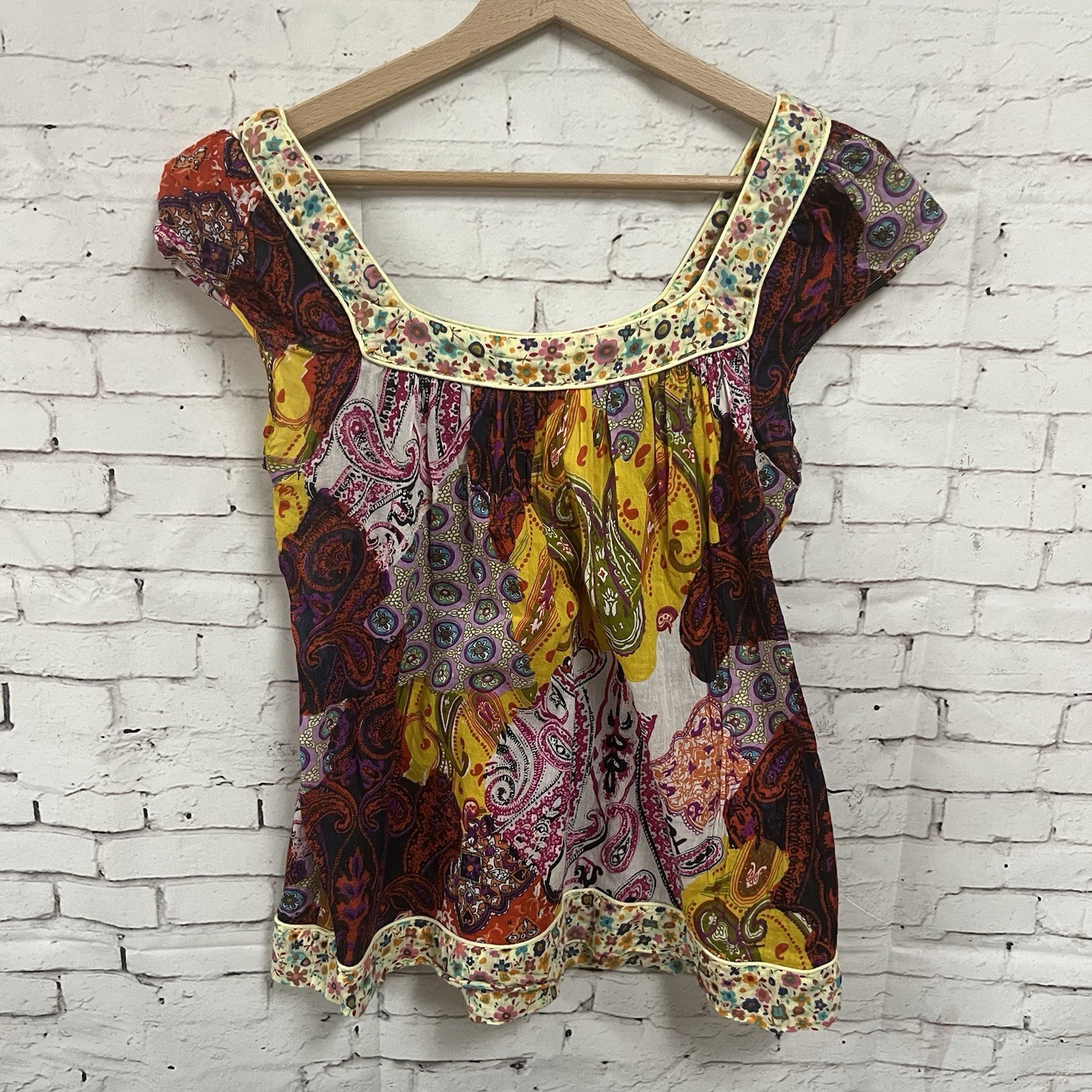 Boho Patchwork Cap Sleeve Top Multicolor Natural … - image 3