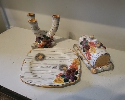 Department 56 ~ ''Woodland'' Birch Bark RARE 4pc 3D Hand Painted Table Decor Set