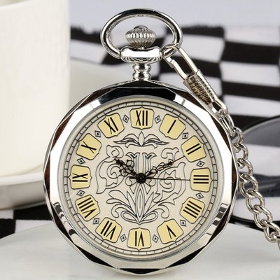 Silver Hand Wind Mechanical Pocket Watch Roman Number Open Face w/ Chain for Men