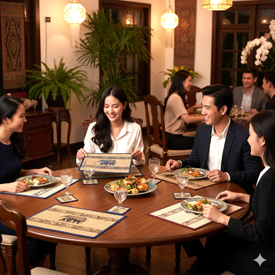 Juego de 8 piezas/juego de manteles verdes de papiro tailandés de lujo para comedor artesanal fácil de limpiar Foto 3 de 4