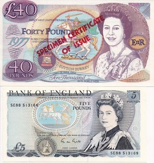 GB 1988 91 G. M Gill £5 BoE Note (UNC) and 1977 IOM £40 Specimen Note (UNC)