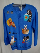 Vtintage Quacker Factory Cat Cardigan Sweater Womens Sz Med A Cat Is A Cat Blue