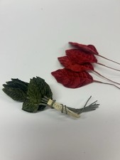 Vintage Green and Red 2  Velvet Leaves Bunch Millinery Artificial Leaf