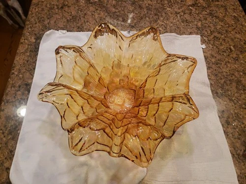Vintage Murano Italy Glass Amber Flower Bowl 18 Inches