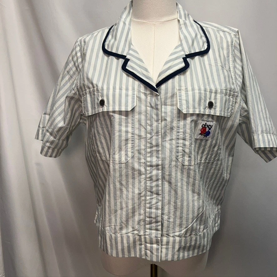 Camisa utilitária listrada Obey Serena feminina média algodão casual verão preppy - Imagem 3 de 4