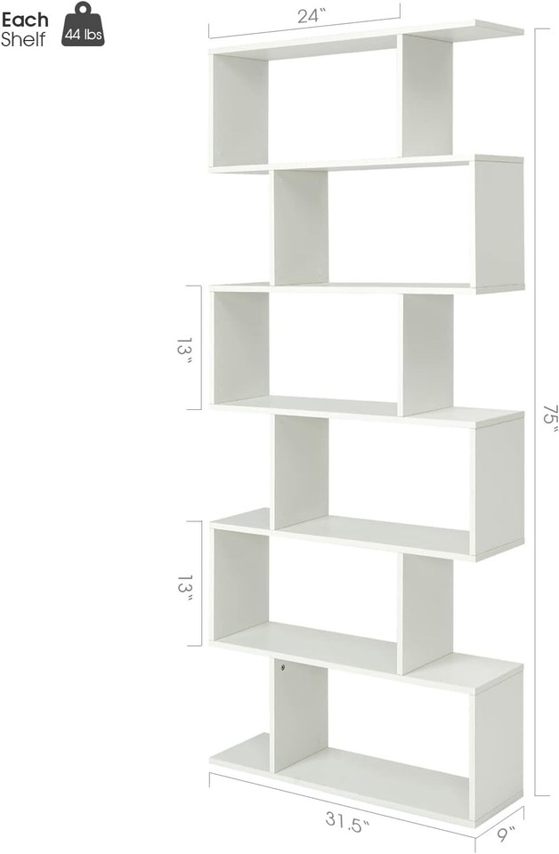 Geometric Bookcase White, Sshaped Wooden Bookshelf, 6Tier Modern