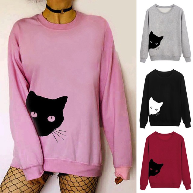 Women Sweater Cat Printing Shirt Long Sleeve Sweatshirt Casual Loose Tops Blouses Shirt