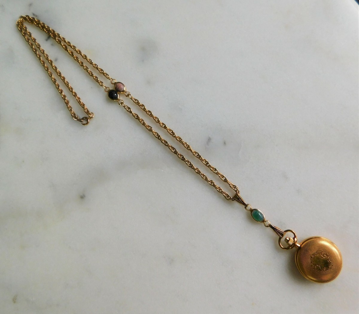 Pretty Little Vintage Small Pocket Watch Necklace with Real Stone