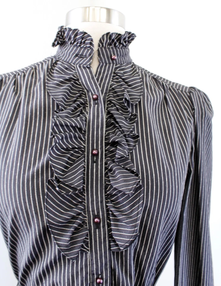 Vestido Camisa De Colección Años 80 90 Negro Rayas Volantes Manga Abullonada Talla 5/6 Cuello Simulado Foto 2 de 4