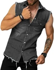 Men's Distressed Ripped Button Down Sleeveless Denim Vest Shirt Tank Tops