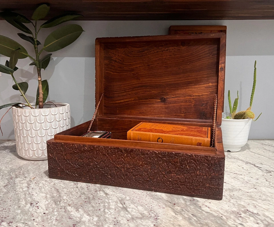 Ornate Rosewood Box 18 x 12 W x 6" Carved Mughal Chest Trunk Storage MSRP: $237 - Image 3 of 4