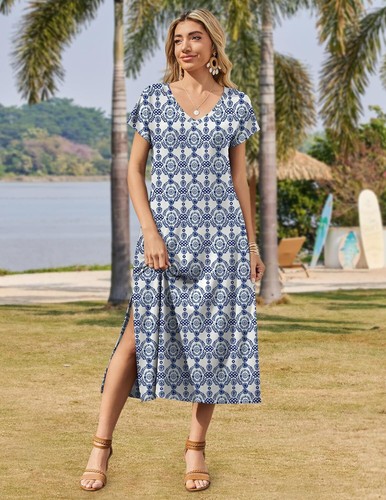 Summer Floral V-Neck Maxi Dress Short Sleeve Casual Beach Dress with Pockets - Picture 65 of 109