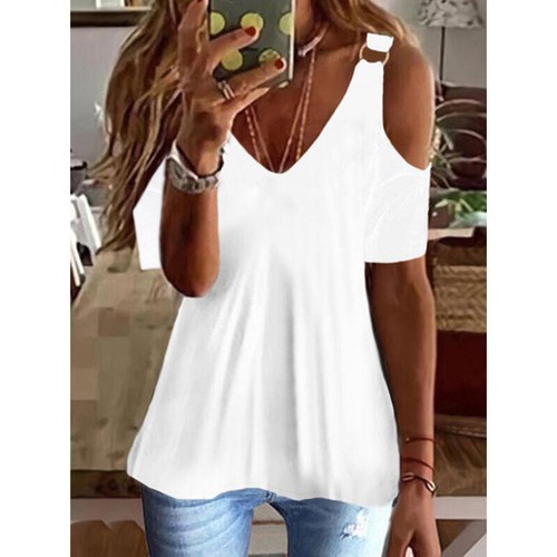 V Neck Women T-Shirt Tunic Tops Tees Pullover Short Sleeve Cold Shoulder Casual - Bild 10 von 11