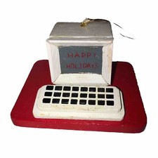 Vintage  Desk Top  Computer Merry Christmas Sceen Holly TS Wood Ornament