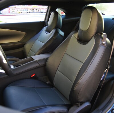 FOR 2010-15 CHEVY CAMARO BLACK/CHARCOAL IGGEE S.LEATHER CUSTOM FRONT SEAT COVERS