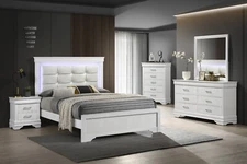 6pc Modern LED Light Queen Panel Upholstered Bed Master Bedroom Set White