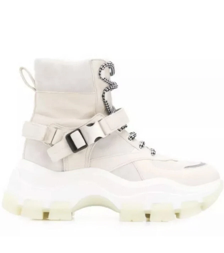 Prada Monolith White Buckle Combat Boots Lace Up Size 39