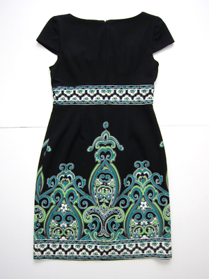 London Times Black Green Floral Paisley Cap Sleeve Sheath Shift