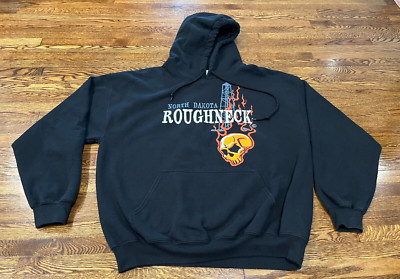 North Dakota Roughneck Sweatshirt Men M Black Oil Gas Flames Skull Hoodie