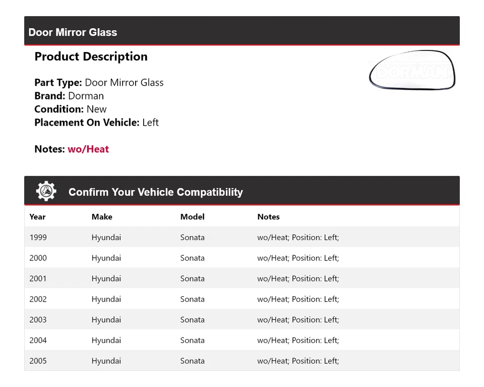 For 1999-2005 Hyundai Sonata Dorman Door Mirror Glass Left 2000 2001 2002 2003 - Image 2 of 4