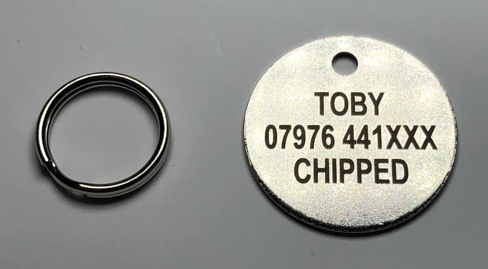 25mm LASER ENGRAVED PET TAGS ID DISC TAG CAT DOG METAL SILVER NICKEL + SPLITRING - Image 3 of 4