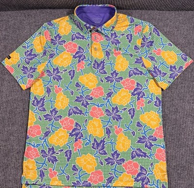 Good Good Polo Shirt Mens Medium Floral Fighting For Par Golf Stretch Grid Green