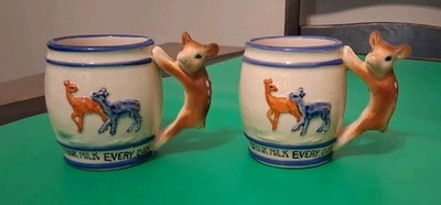 2 Vintage Rare Fawn Handle ''Drink Milk Every Day'' Stoneware Mugs 3.5 Inches Tall