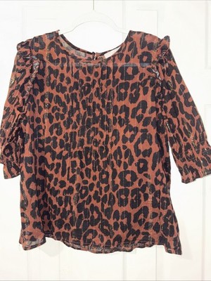 LOFT Brown And Black Cheetah Print Gold Thread Blouse Large