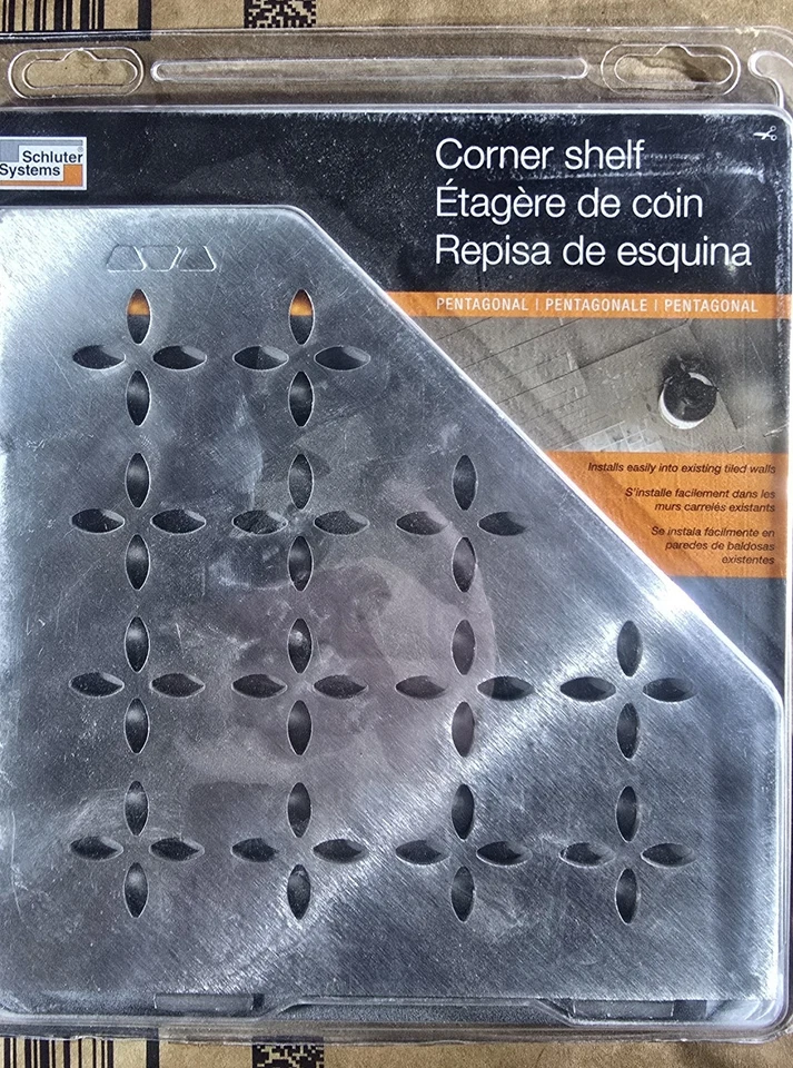 PRATELEIRA DE CANTO PENTAGONAL SCHLUTER PARA PAREDES DE AZULEJOS FLORAL AÇO INOXIDÁVEL NOVA - Imagem 4 de 4