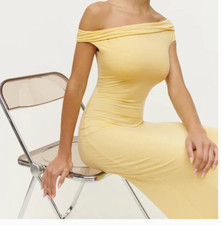 Reformation Jamen Knit Dress Butter Yellow Off The Shoulder Midi Maxi Stretch