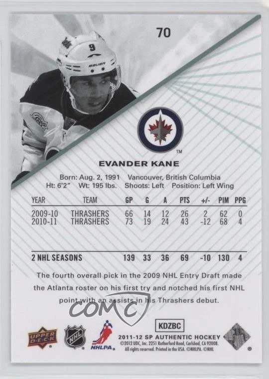 2011-12 SP Authentic Evander Kane #70 - Image 2 of 2