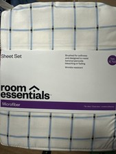 Room Essentials White w/ Blue Grid Pattern Brushed Microfiber XL Twin Sheet Set