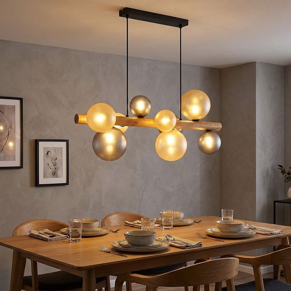 HäNgelampe Pendelleuchte KüChenlampe Glas Kugel Holzlampe Schwarz Braun H 150 Cm-image