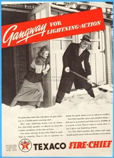 1937 Texaco Fire-Chief Gasoline Couple Shoveling Snow Winter Photo Ad
