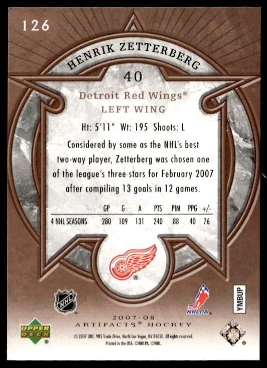 2007-08 Upper Deck Artifacts #126 Henrik Zetterberg #/1499 - Image 2 of 2