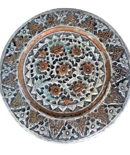 Vintage Hammered Copper / Brass Wall Plate Turkish Dia 14.5" Floral Design