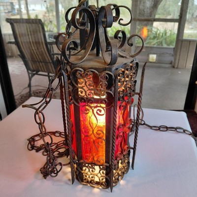 Gothic Spanish Revival Medieval Style Wrought Iron Swag Lamp Pendant Light