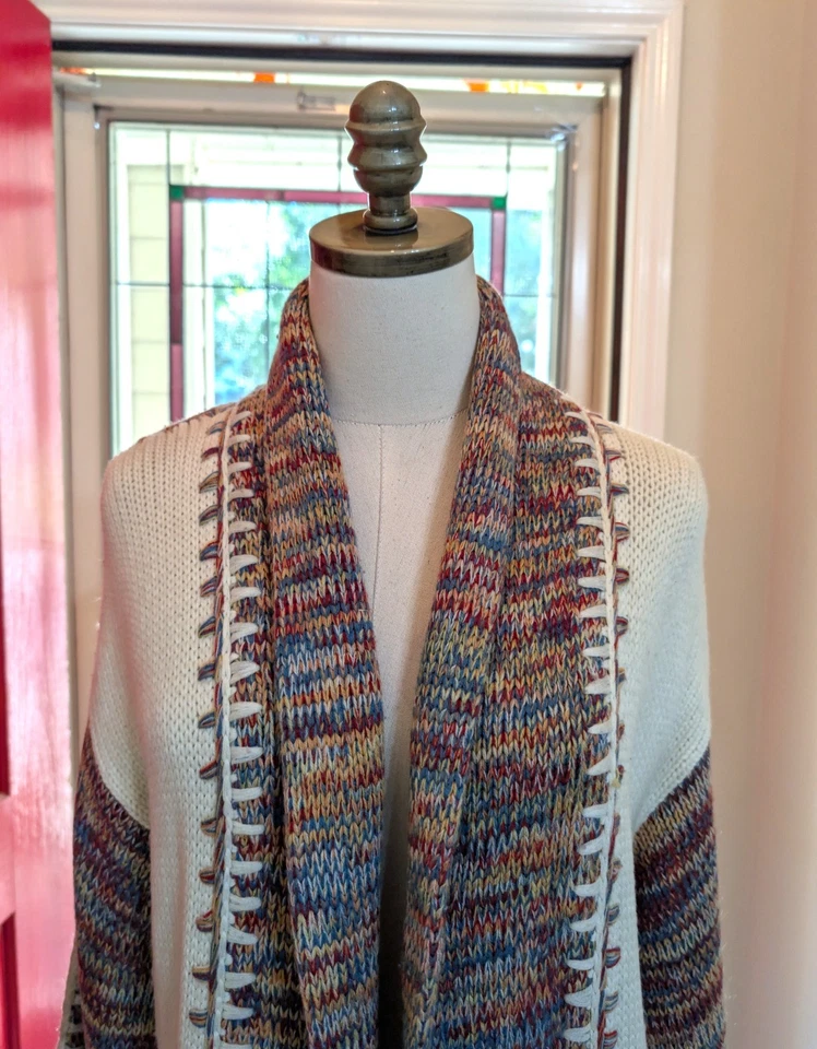 KIMLON 复古 70 年代多色象牙嬉皮流浪汉丙烯酸开衫毛衣-胸围 40 M — 第 4/4 张图片