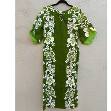 Vintage Rare Sears Hawaiian 60s Muumuu Dress Green White Floral Print Maxi