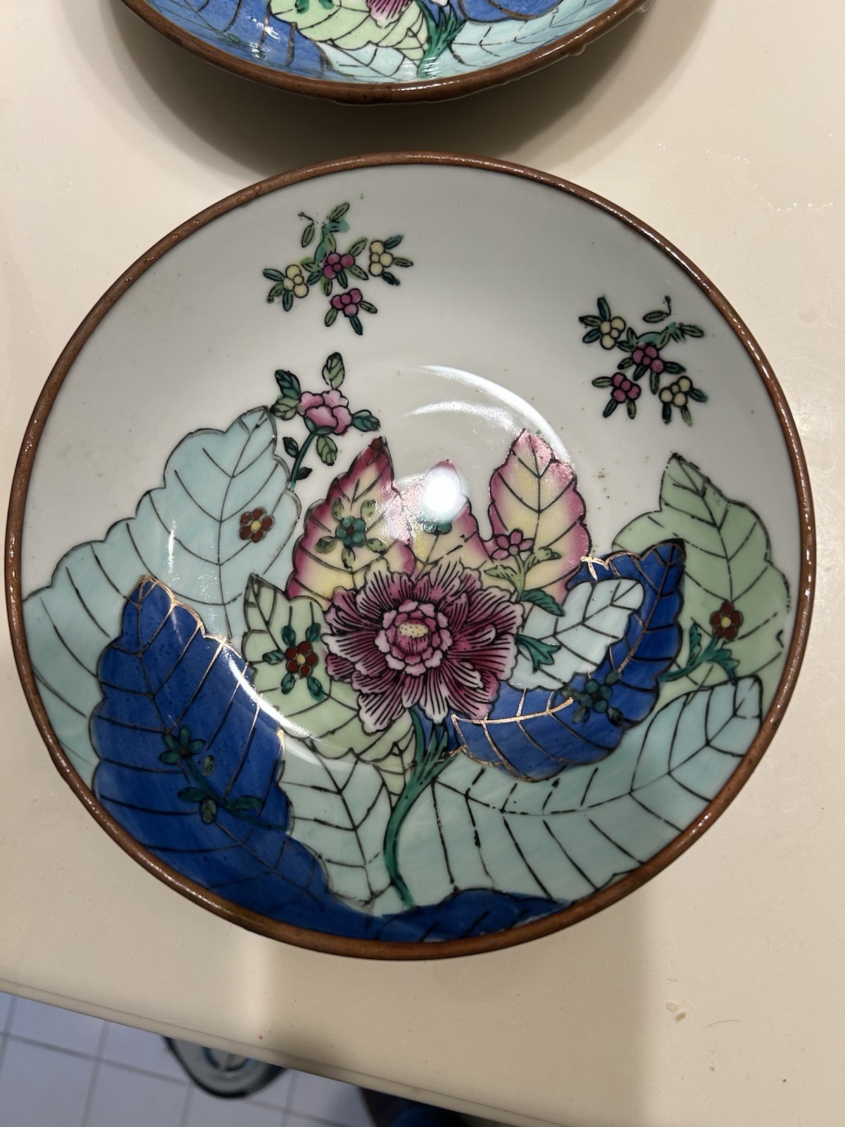 Vintage Chinoiserie Porcelain Bowl With Gold Rim Blue Green Purple Hues.set Of 2